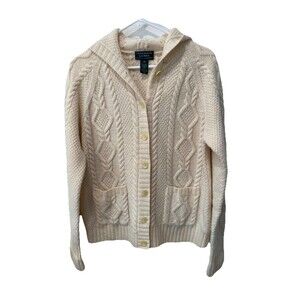 Vtg Ralph Lauren Excl Hand Knit Wool Ivory Hooded Fisherman Sweater Rare Sz M